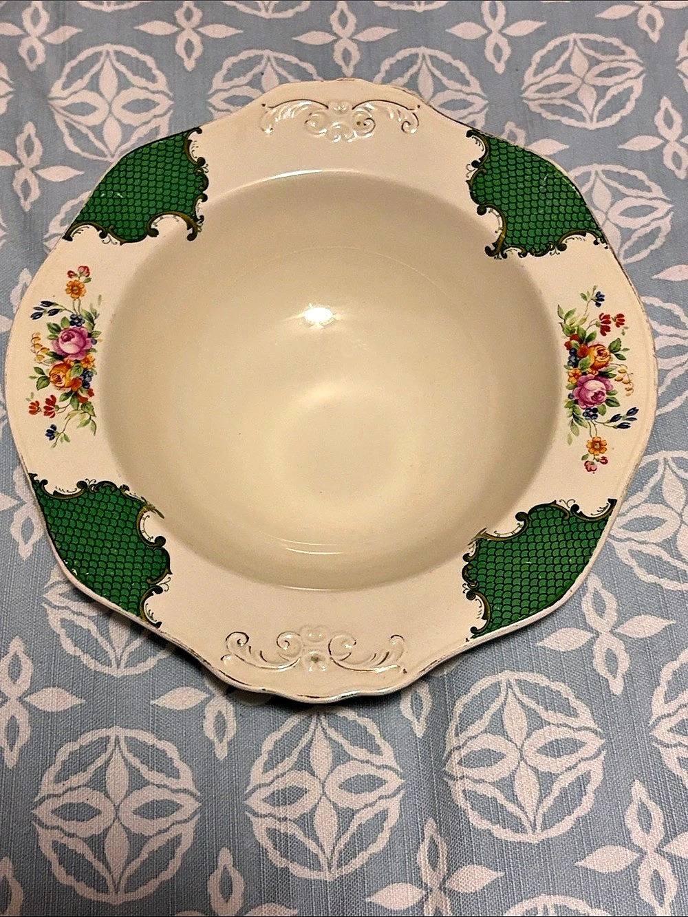 Vintage Alfred Meakin Sandringham Bowl England Green Floral Scalloped Rim